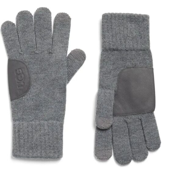 UGG Men's Gray Knit Leather Patch Touchscreen Gloves - Picture 1 of 7